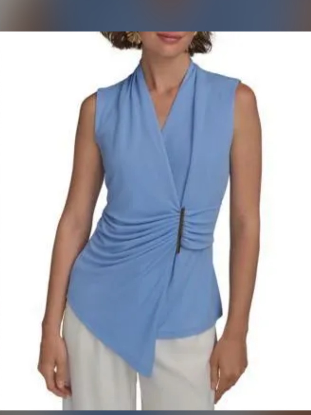 Donna Karan Light Blue Draped Sleeveless V-Neck Top with Gold Accent